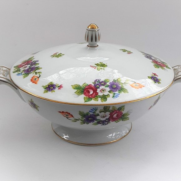 Sango China Covered Bowl Toureen 10" Japan Dresden Flowers Bouquet Gold VTG Mint - Picture 8 of 10